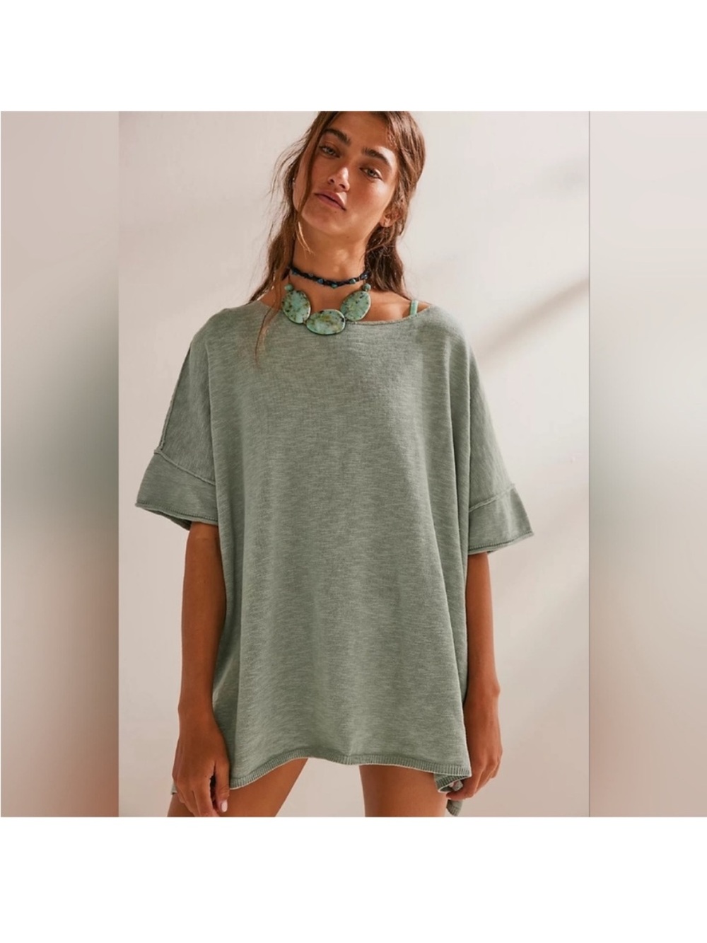 Free People Beach Winnie Oversized Sage Green Short-Sleeve Top
